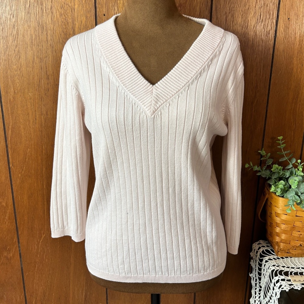 Vintage Ann Taylor Factory Store Ribbed Sleeve Sweater‎ Light Pink Preppy
